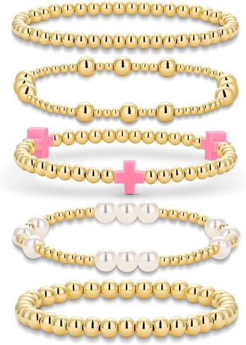 Gold Beaded Bracelets Pearl Cross Bracelet Stack Cute Stackable Christian Bracelet Set Boho Beach Summer Jewelry for Women in Kuwait