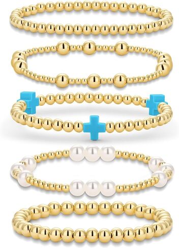 Gold Beaded Bracelets Pearl Cross Bracelet Stack Cute Stackable Christian Bracelet Set Boho Beach Summer Jewelry for Women in Kuwait