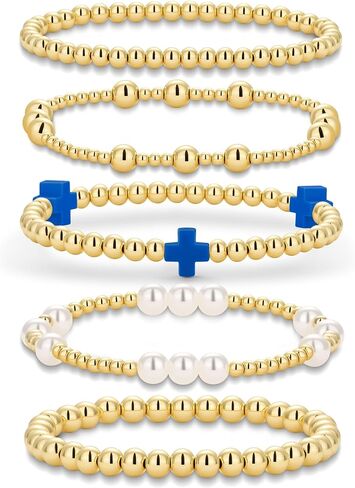 Gold Beaded Bracelets Pearl Cross Bracelet Stack Cute Stackable Christian Bracelet Set Boho Beach Summer Jewelry for Women in Kuwait