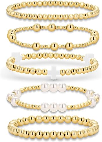 Gold Beaded Bracelets Pearl Cross Bracelet Stack Cute Stackable Christian Bracelet Set Boho Beach Summer Jewelry for Women in Kuwait