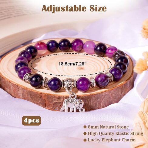 4Pcs Elephant Bracelet for Women, Natural Healing Stone Adjustable Elephant Bracelet Elephants Gifts Motivational Feel Better Gift Encouragement Inspirational Gift for Woman Mothers Day Graduation in Saudi Arabia