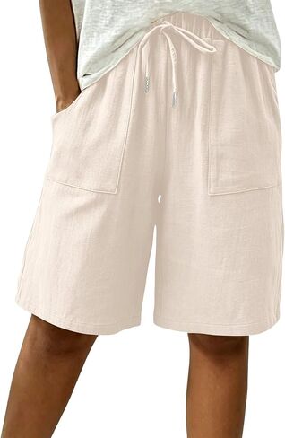 Linen Bermuda Shorts for Women Knee Length High Waisted Baggy Loose Casual Summer Cotton Gauze Shorts with Pockets in Saudi Arabia