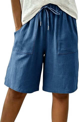 Linen Bermuda Shorts for Women Knee Length High Waisted Baggy Loose Casual Summer Cotton Gauze Shorts with Pockets in Kuwait