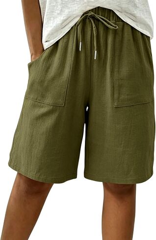Linen Bermuda Shorts for Women Knee Length High Waisted Baggy Loose Casual Summer Cotton Gauze Shorts with Pockets in Kuwait