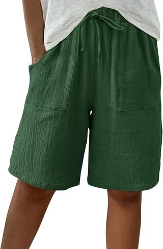 Linen Bermuda Shorts for Women Knee Length High Waisted Baggy Loose Casual Summer Cotton Gauze Shorts with Pockets in Kuwait