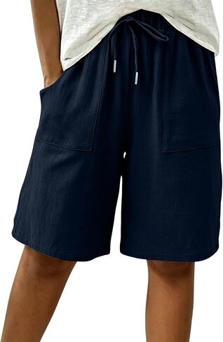 Linen Bermuda Shorts for Women Knee Length High Waisted Baggy Loose Casual Summer Cotton Gauze Shorts with Pockets in Kuwait