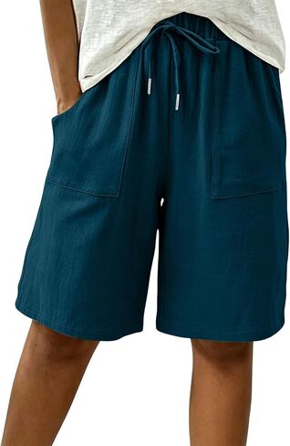 Linen Bermuda Shorts for Women Knee Length High Waisted Baggy Loose Casual Summer Cotton Gauze Shorts with Pockets in Kuwait