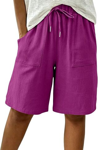 Linen Bermuda Shorts for Women Knee Length High Waisted Baggy Loose Casual Summer Cotton Gauze Shorts with Pockets in Kuwait