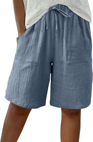 Linen Bermuda Shorts for Women Knee Length High Waisted Baggy Loose Casual Summer Cotton Gauze Shorts with Pockets in Kuwait