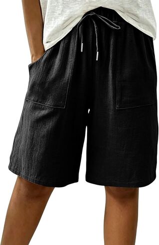 Linen Bermuda Shorts for Women Knee Length High Waisted Baggy Loose Casual Summer Cotton Gauze Shorts with Pockets in Kuwait