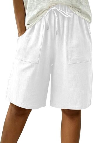Linen Bermuda Shorts for Women Knee Length High Waisted Baggy Loose Casual Summer Cotton Gauze Shorts with Pockets in Kuwait
