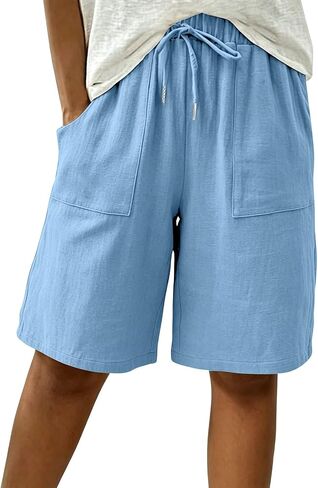 Linen Bermuda Shorts for Women Knee Length High Waisted Baggy Loose Casual Summer Cotton Gauze Shorts with Pockets in Kuwait