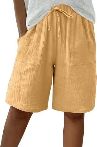 Linen Bermuda Shorts for Women Knee Length High Waisted Baggy Loose Casual Summer Cotton Gauze Shorts with Pockets in Kuwait