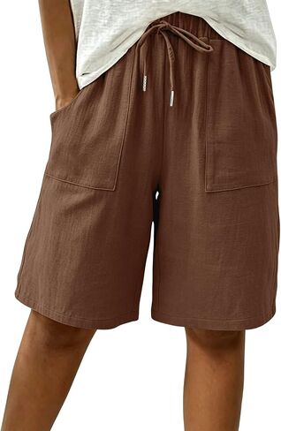 Linen Bermuda Shorts for Women Knee Length High Waisted Baggy Loose Casual Summer Cotton Gauze Shorts with Pockets in Kuwait