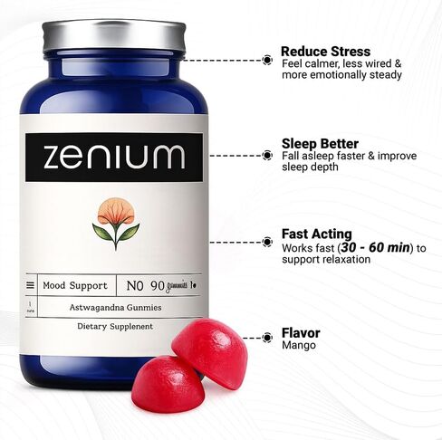 Zenium - Ashwagandha High Potency Gummies of KSM 66 | Mango Flavored | Relieve, Tension, Worry, Nervousness, & Irritability | Calm The Mind & Body | Ayurvedic | Natural Relief Supplement | 60 Count in Saudi Arabia