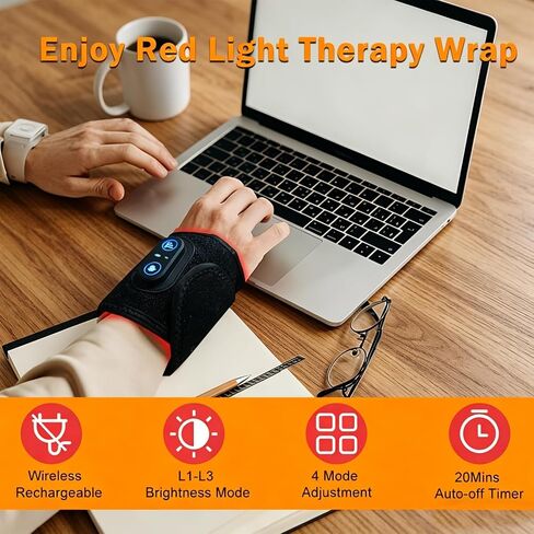 Kovarias Therawrap for Carpal Tunnel,LED Red Light Wrap with 3 Heat Settings,660nm & 850nm Infrared Light Wrist Heating Pad,Cordless Wrist Wrap for Carpal Tunnel,Soothing, Relaxing (Black) in Kuwait