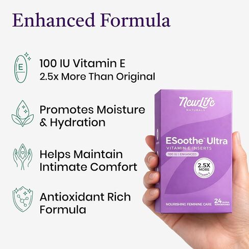 NewLife Naturals ESoothe Ultra Vitamin E Suppositories for Women 100 IU 2.5X More– Vaginal Dryness & Moisture Support – Hormone-Free – 24 Vaginal Suppositories, Made in USA -30 Day + Supply in Saudi Arabia