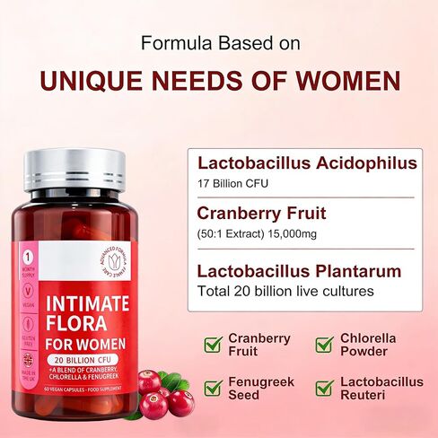Vaginal Probiotic Supplement - Supports Healthy Vaginal pH, Fresh Odor & Balanced Flora for Women, Urinary Tract Health with Prebiotics & Lactobacillus Probiotic Blend - 20 Billion CFU in Kuwait