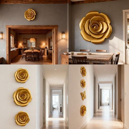 MCCXXII Golden 3D Flower Wall Decor - Shimmering Plastic Sunflower Shape Art with Hook for Home Indoor Outdoor Garden Decoration (25x24.5x3.1cm)(9.8"x9.6"x1.2") in Saudi Arabia