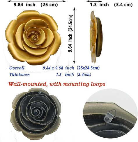 MCCXXII Golden 3D Flower Wall Decor - Shimmering Plastic Sunflower Shape Art with Hook for Home Indoor Outdoor Garden Decoration (25x24.5x3.1cm)(9.8"x9.6"x1.2") in Saudi Arabia