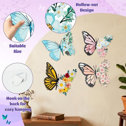 EYxsaxenk Metal Butterfly Wall Decoration - 4Pcs Butterfly Flower Wall Art Cutout Design Sculpture Hanging Ornament for Balcony Patio Garden Outdoor Decoration Women Birthday Wedding Housewarming Gift in Saudi Arabia