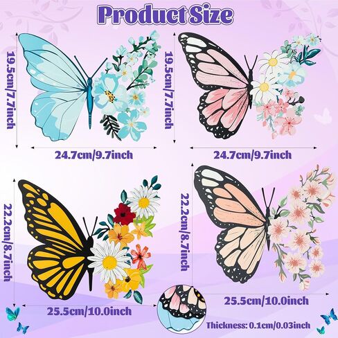EYxsaxenk Metal Butterfly Wall Decoration - 4Pcs Butterfly Flower Wall Art Cutout Design Sculpture Hanging Ornament for Balcony Patio Garden Outdoor Decoration Women Birthday Wedding Housewarming Gift in Saudi Arabia
