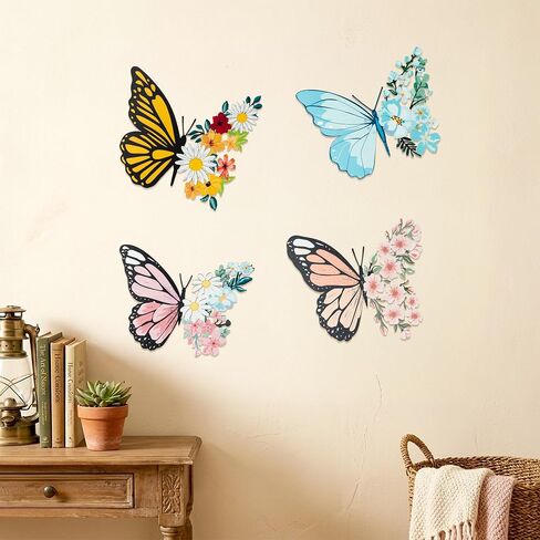 EYxsaxenk Metal Butterfly Wall Decoration - 4Pcs Butterfly Flower Wall Art Cutout Design Sculpture Hanging Ornament for Balcony Patio Garden Outdoor Decoration Women Birthday Wedding Housewarming Gift in Saudi Arabia