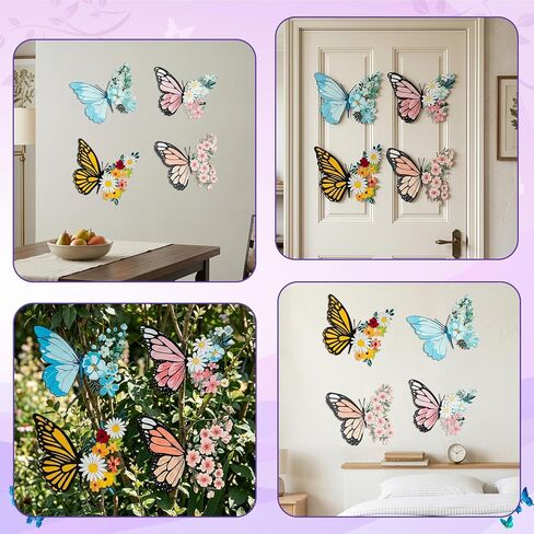 EYxsaxenk Metal Butterfly Wall Decoration - 4Pcs Butterfly Flower Wall Art Cutout Design Sculpture Hanging Ornament for Balcony Patio Garden Outdoor Decoration Women Birthday Wedding Housewarming Gift in Saudi Arabia