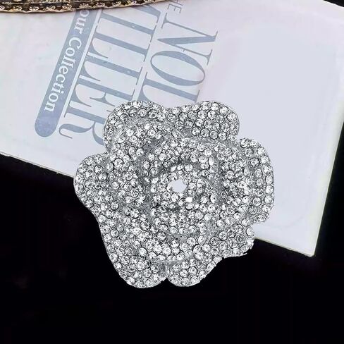 Rhinestone Rose Brooch Pin for Women Girls,Crystal Big Blossom Flower Lapel Pins,Silver Flower Brooch Pins Rhinestone Jewelry Pin for DIY Bridal Wedding Bouquet Bridesmaid Jewelry in Kuwait
