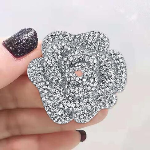 Rhinestone Rose Brooch Pin for Women Girls,Crystal Big Blossom Flower Lapel Pins,Silver Flower Brooch Pins Rhinestone Jewelry Pin for DIY Bridal Wedding Bouquet Bridesmaid Jewelry in Kuwait