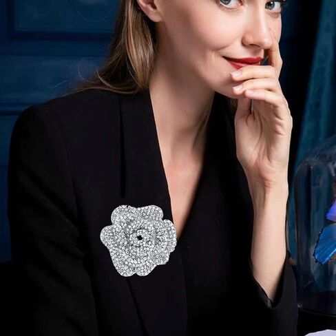Rhinestone Rose Brooch Pin for Women Girls,Crystal Big Blossom Flower Lapel Pins,Silver Flower Brooch Pins Rhinestone Jewelry Pin for DIY Bridal Wedding Bouquet Bridesmaid Jewelry in Kuwait