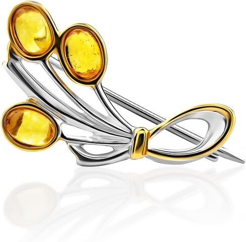 Silver Brooch with Partial Gold Plating and Golden Amber – Elegant Bow Design, 0.12 oz, 1.10 in Length, Natural Gemstone Jewelry for Women in Saudi Arabia