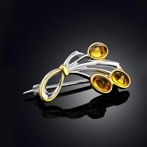 Silver Brooch with Partial Gold Plating and Golden Amber – Elegant Bow Design, 0.12 oz, 1.10 in Length, Natural Gemstone Jewelry for Women in Saudi Arabia