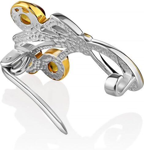 Silver Brooch with Partial Gold Plating and Golden Amber – Elegant Bow Design, 0.12 oz, 1.10 in Length, Natural Gemstone Jewelry for Women in Saudi Arabia