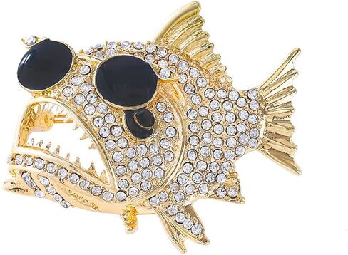 Unique Piranha Fish Brooch Pin Gold-Tone Plated Animal Lapel Pin with Cubic Zirconia Rhinestones Eyeglass Chain Accessory for Clothes Hat Bag Gothic Corsage Boutonniere Jewelry for Women Men in Kuwait