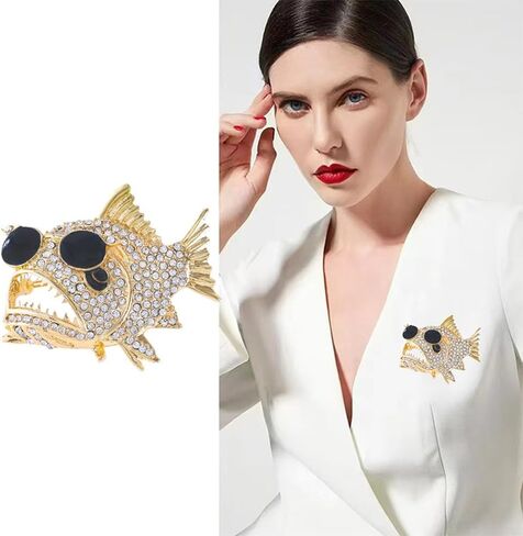 Unique Piranha Fish Brooch Pin Gold-Tone Plated Animal Lapel Pin with Cubic Zirconia Rhinestones Eyeglass Chain Accessory for Clothes Hat Bag Gothic Corsage Boutonniere Jewelry for Women Men in Kuwait