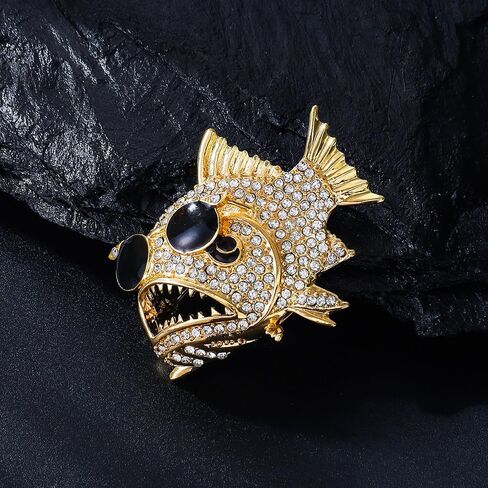 Unique Piranha Fish Brooch Pin Gold-Tone Plated Animal Lapel Pin with Cubic Zirconia Rhinestones Eyeglass Chain Accessory for Clothes Hat Bag Gothic Corsage Boutonniere Jewelry for Women Men in Kuwait