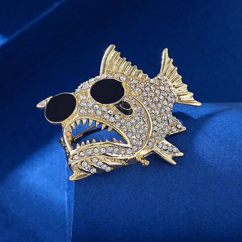 Unique Piranha Fish Brooch Pin Gold-Tone Plated Animal Lapel Pin with Cubic Zirconia Rhinestones Eyeglass Chain Accessory for Clothes Hat Bag Gothic Corsage Boutonniere Jewelry for Women Men in Kuwait