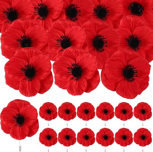 32 Pcs Memorial Day Red Black Poppy Artificial Flower Brooch Pin Bulk Lest We Forget Fake Flower Head Gifts for Women Men Hero Veteran Remembrance Day in Saudi Arabia