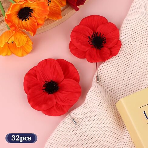 32 Pcs Memorial Day Red Black Poppy Artificial Flower Brooch Pin Bulk Lest We Forget Fake Flower Head Gifts for Women Men Hero Veteran Remembrance Day in Saudi Arabia