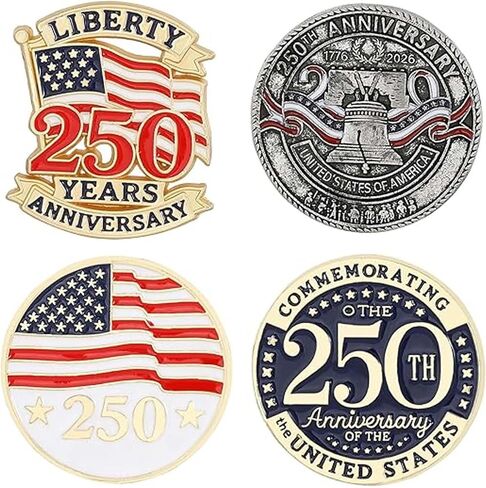 4 Pcs 250th Anniversary Pins Set USA Birthday 250 Year Birthday Commemorative Enamel Lapel Pins with The Liberty Bell and US Flag Brooch for Patriot Independence Day Gifts Memorabilia in Kuwait