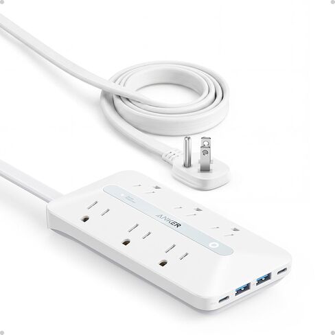 Anker Power Strip with 300J Surge Protector, 5ft Outlet Extender, 20W, 6AC | Flat Plug Extension Cord with Multiple Outlets, 2 USB C, 2 USB A, Dorm Room Essentials, Home Office, TUV Listed in Saudi Arabia