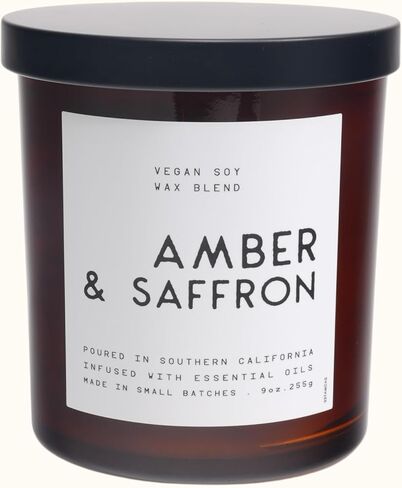 LEOBEN CO – Amber & Saffron Scented Candle – 9oz, Contemporary Collection Design – 50 hr Burn Time – Poured in California Using Vegan Soy Wax and Essential Oils – Made in Small Batches in Saudi Arabia