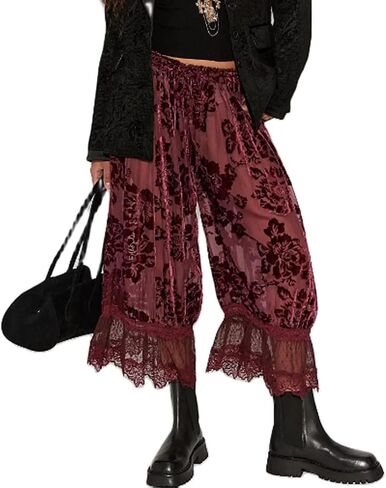 Lace Pants for Women Sexy Floral Long Bell Bloomers Y2k Ruffle Elastic Mid Rise Cropped Flared Slips Trousers Lounge in Kuwait