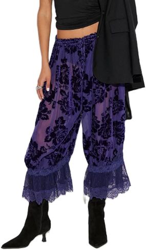 Lace Pants for Women Sexy Floral Long Bell Bloomers Y2k Ruffle Elastic Mid Rise Cropped Flared Slips Trousers Lounge in Saudi Arabia