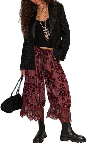 Lace Pants for Women Sexy Floral Long Bell Bloomers Y2k Ruffle Elastic Mid Rise Cropped Flared Slips Trousers Lounge in Kuwait