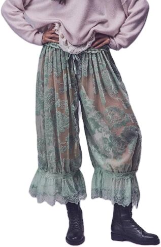 Lace Pants for Women Sexy Floral Long Bell Bloomers Y2k Ruffle Elastic Mid Rise Cropped Flared Slips Trousers Lounge in Kuwait