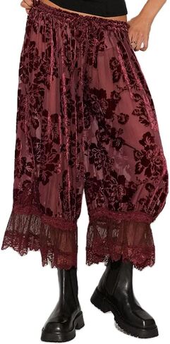 Lace Pants for Women Sexy Floral Long Bell Bloomers Y2k Ruffle Elastic Mid Rise Cropped Flared Slips Trousers Lounge in Kuwait
