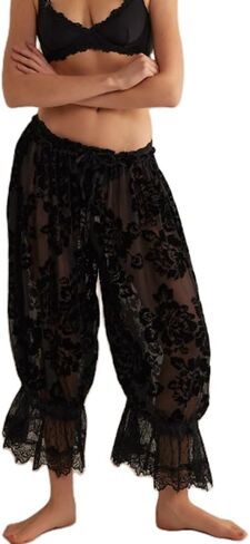 Lace Pants for Women Sexy Floral Long Bell Bloomers Y2k Ruffle Elastic Mid Rise Cropped Flared Slips Trousers Lounge in Kuwait