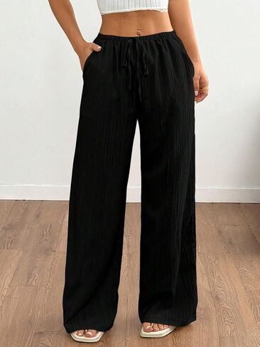 Drawstring Elastic Low Waist Flowy Palazzo Pants for Women with Pockets Casual Loose Pant Spring Summer Outfits in Kuwait